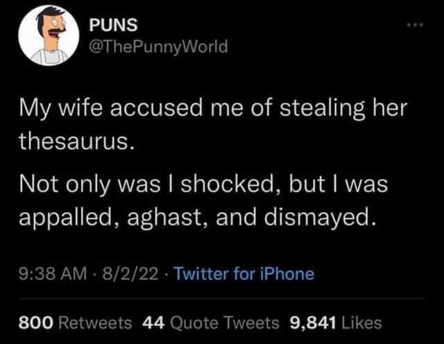 PUNS @ThePunnyWorld My wife accused me of stealing her thesaurus. Not only was I shocked but lI was appalled aghast and dismayed. 938 AM 8/2/22 Twitter for iPhone 800 Retweets 44 Quote Tweets 9841 Likes