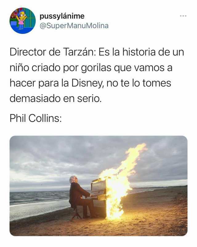 pussylánime @SuperManuMolina Director de Tarzán Es la historia de un niño criado por gorilas que vamos a hacer para la Disney no te lo tomes demasiado en serio. Phil Collins