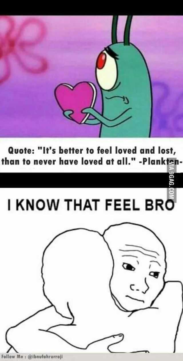 Quote Its better to feel loved and lost than to never have loved at all. -Plankten I KNOW THAT FEEL BRO Follow Me  @ibnufahrurroji