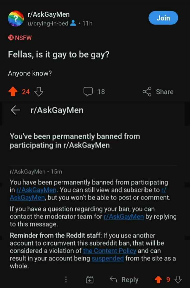 r/AskGayMen u/crying-in-bed11h Join NSFW Fellas is it gay to be gay Anyone know t24 18 Share r/AskGayMen Youve been permanently banned from participating in r/AskGayMen r/AskGayMen 15m You have been permanently banned from partici