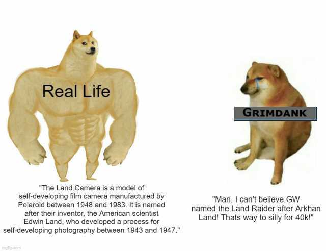 Real Life GRIMDANK The Land Camera is a model of self-developing film camera manufactured by Polaroid between 1948 and 1983. It is named Man I cant believe GW named the Land Raider after Arkhan after their inventor the American sc