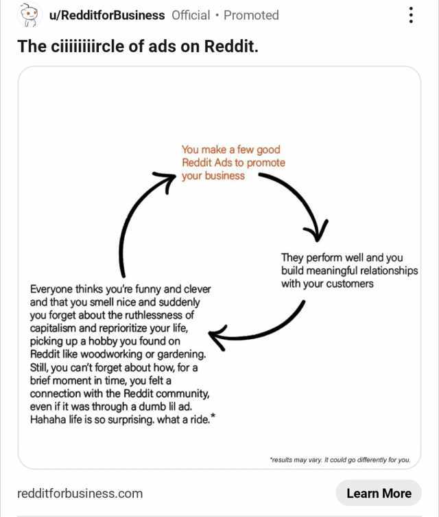 /RedditforBusiness Official • Promoted The ciiiiircle of ads on Reddit. You make a few good Reddit Ads to promote your business Everyone thinks youre funny and clever and that you smell nice and suddenly you forget about the rut