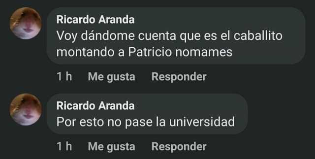 Ricardo Aranda Voy dándome cuenta que es el caballito montando a Patricio nomames 1h Me gusta Responder Ricardo Aranda Por esto no pase la universidad 1h Me gusta Responder