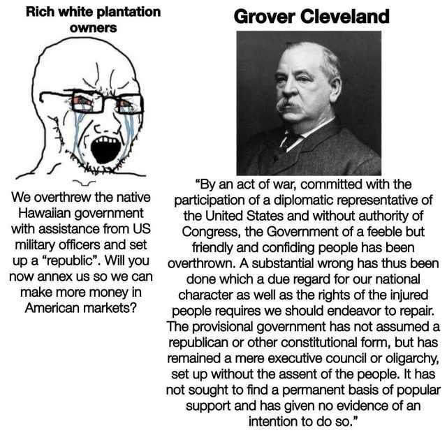 Rich white plantation OWners We overthrew the native Hawaiian government with assistance from US military officers and set up a republic. Will you now annex us SO We can make more money in American markets Grover Cleveland By an a