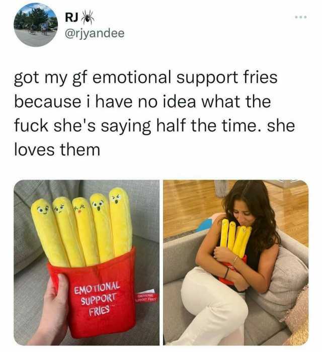 RJ @rjyandeee got my gf emotional support fries because i have no idea what the fuck shes saying half the time. she loves them EMOTIONAL SUPPORT FRICS EMOTIONAL PPORI FRIES