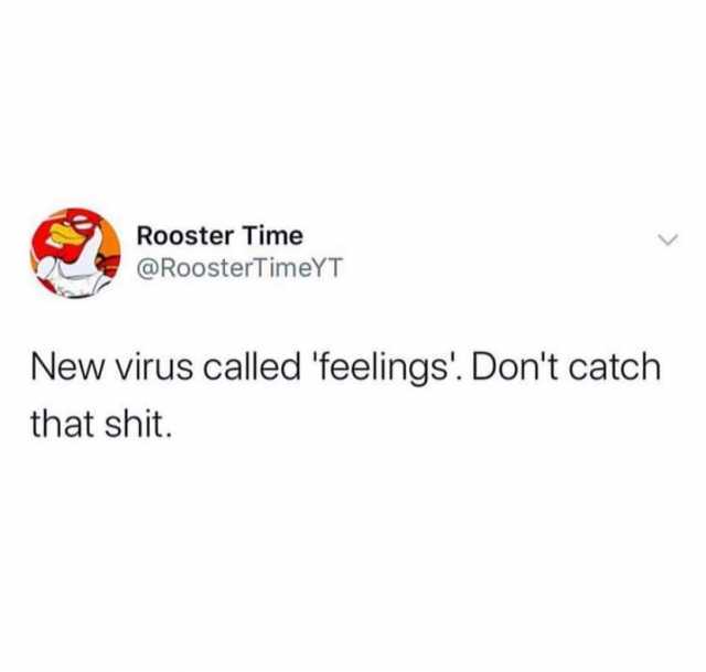Rooster Time @RoosterTimeYT New virus called feelings. Dont catch that shit. 
