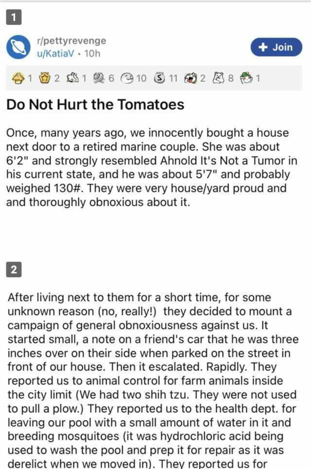 r/pettyrevenge +Join u/KatiaV 10h 12 d 16 10 11 2 81 Do Not Hurt the Tomatoes Once many years ago we innocently bought a house next door to a retired marine couple. She was about 62 and strongly resembled Ahnold Its Not a Tumor in