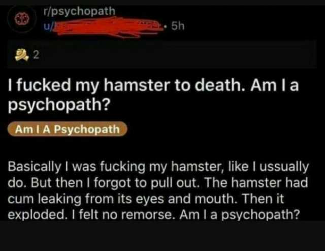 r/psychopath u 5h 2 Ifucked my hamster to death. Am Ia psychopath Am IA Psychopath Basically I was fucking my hamster like I ussually do. But then I forgot to pull out. The hamster had cum leaking from its eyes and mouth. Then it 