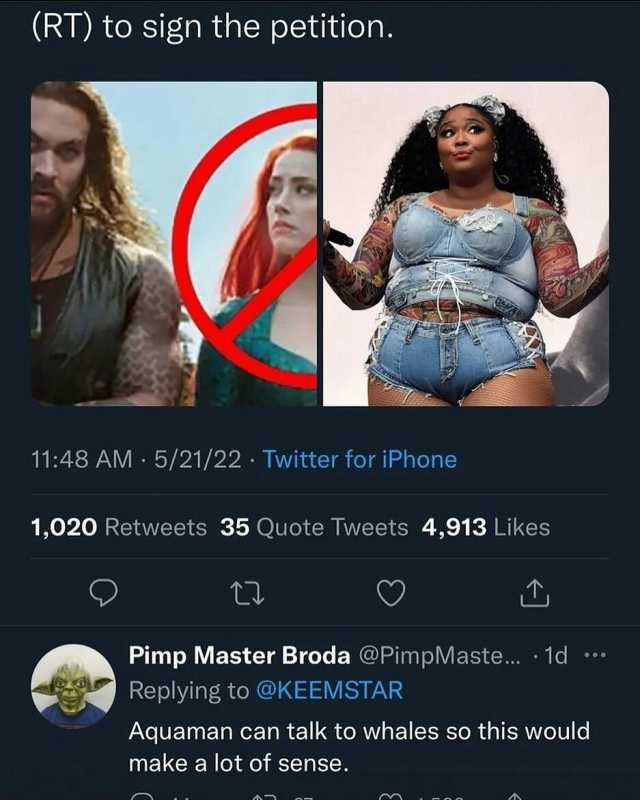 (RT) to sign the petition. 1148 AM 5/21/22 Twitter for iPhone 1020 Retweets 35 Quote Tweets 4913 Likes Pimp Master Broda @PimpMaste.. 1d Replying to @KEEMSTAR Aquaman can talk to whales so this would make a lot of sense.