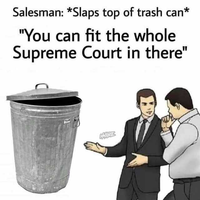 Salesman *Slaps top of trash can* You can fit the whole Supreme Court in there
