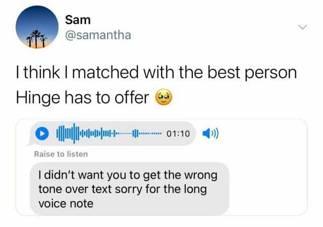 Sam @samantha Ithink I matched with the best person Hinge has to offer Raise to listen -t-- 0110 ) I didnt want you to get the wrong tone over text sorry for the long voice note