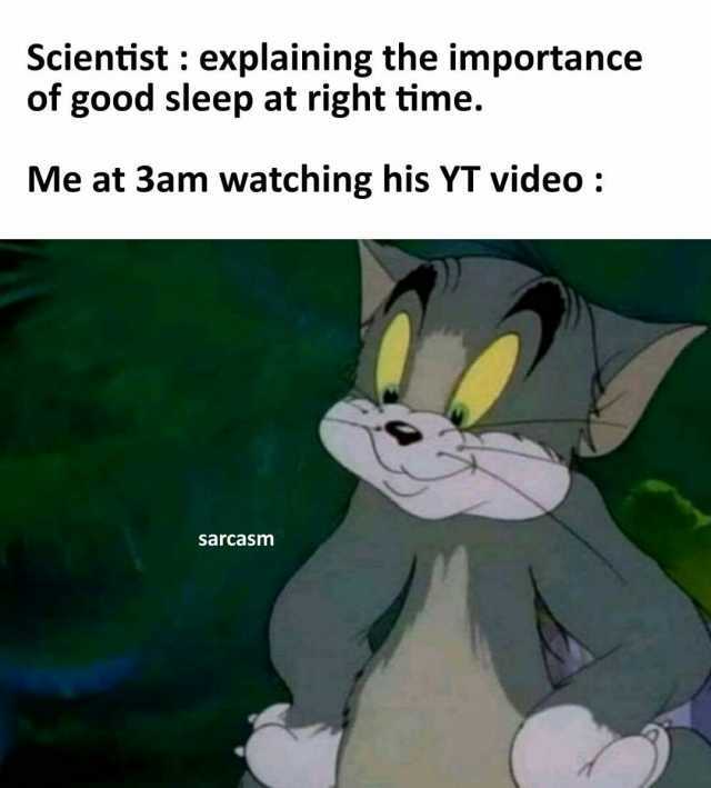 Scientist explaining the importance of good sleep at right time. Me at 3am watching his YT video sarcasm