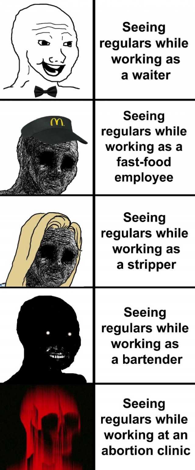 Seeing regulars while working as a waiter Seeing regulars while working as a fast-food employee Seeing regulars while working as a stripper Seeing regulars while working as a bartender Seeing regulars while working at an abortion 