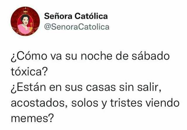 Señora Católica @SenoraCatolica Cómo va su noche de sábado tóxica Están en sus casas sin salir acostados solos y tristes viendo memes