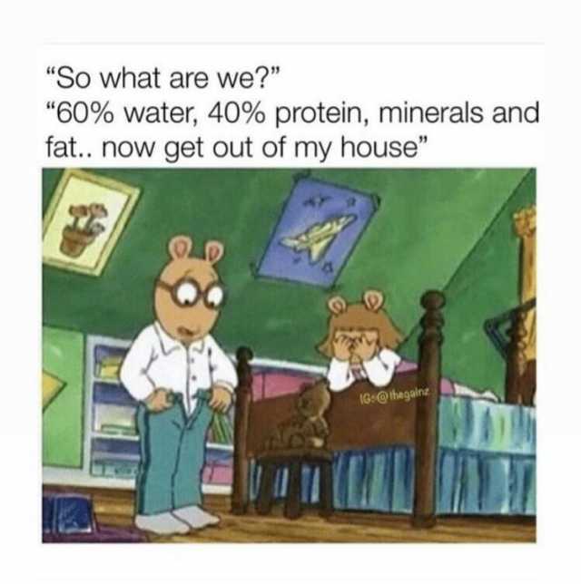 So what are we 60% water 40% protein minerals and fat.. now get out of my house IG@thegainz
