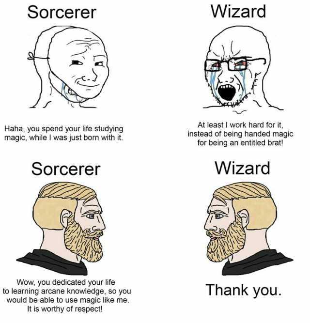 Sorcerer Wizard Haha you spend your life studying magic while I was just born with it. At leastI work hard for it instead of being handed magic for being an entitled brat! Sorcerer Wizard C Wow you dedicated your life to learning 