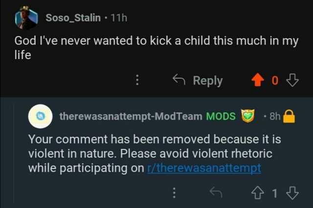 Soso_Sstalin 11h God Ive never wanted to kick a child this much in my life Reply o otherewasanattempt-ModTeam MODs 3h Your comment has been removed because it is violent in nature. Please avoid violent rhetoric while participating