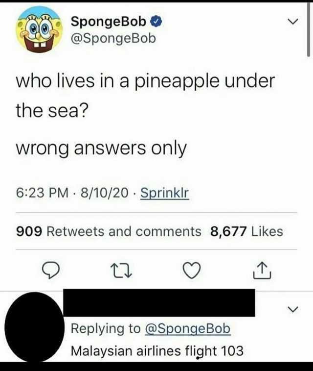 SpongeBob @SpongeBob who lives in a pineapple under the sea Wrong answers only 623 PM 8/10/20 Sprinklr 909 Retweets and comments 8677 Likes Replying to @SpongeBob Malaysian airlines flight 103