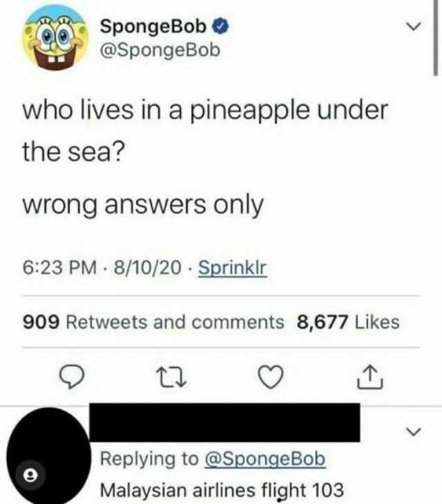 SpongeBob @SpongeBob who lives in a pineapple under the sea wrong answers only 623 PM 8/10/20 Sprinklr 909 Retweets and comments 8677 Likes v Replying to @SpongeBob 9 Malaysian airlines flight 103