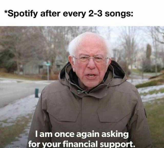 Spotify after every 2-3 songs lam once again asking for your financial support.