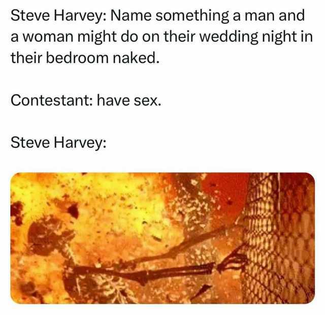 Steve Harvey Name something a man and a woman might do on their wedding night in their bedroom naked. Contestant have sex. Steve Harvey