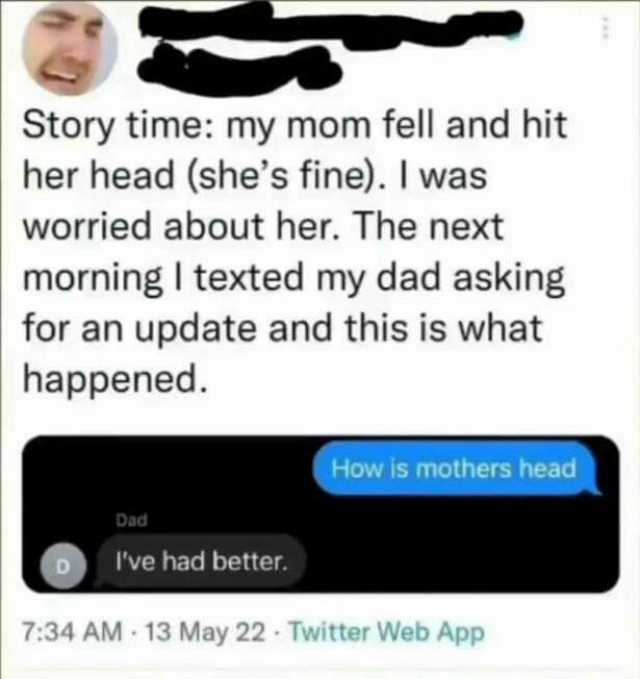 Story time my mom fell and hit her head (shes fine). I was worried about her. The next morning texted my dad asking for an update and this is what happened. How is mothers head Dad Ive had better 734 AM 13 May 22 Twitter Web App