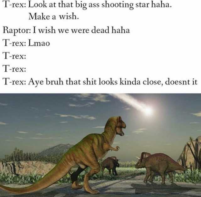 T-rex Look at that big ass shooting star haha. Make a wish. Raptor I wish we were dead haha T-rex Lmao T-rex T-rex T-rex Aye bruh that shit looks kinda close doesnt it