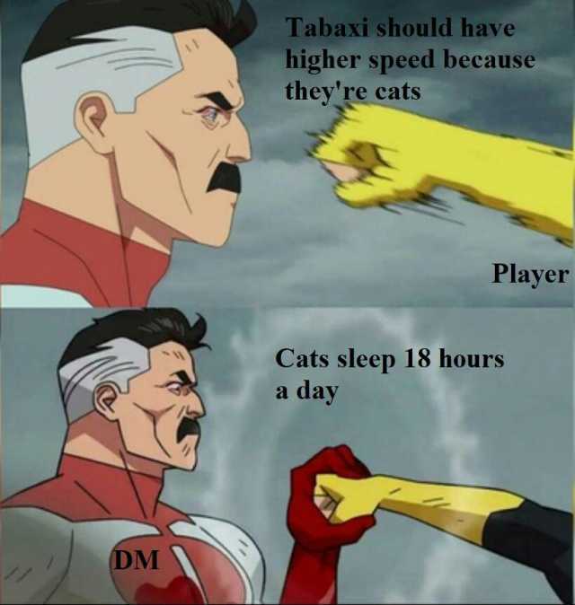 Tabaxi should have higher speed because theyre cats Player Cats sleep 18 hours a day DM