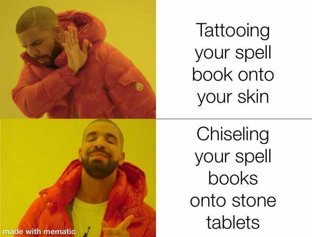Tattooing your spell book onto your skin Chiseling your spell books onto stone tablets made with mematic