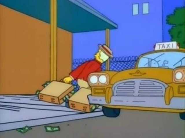 Personaje de los Simpson lleva dos maletas llenas de dinero para abordar un taxi