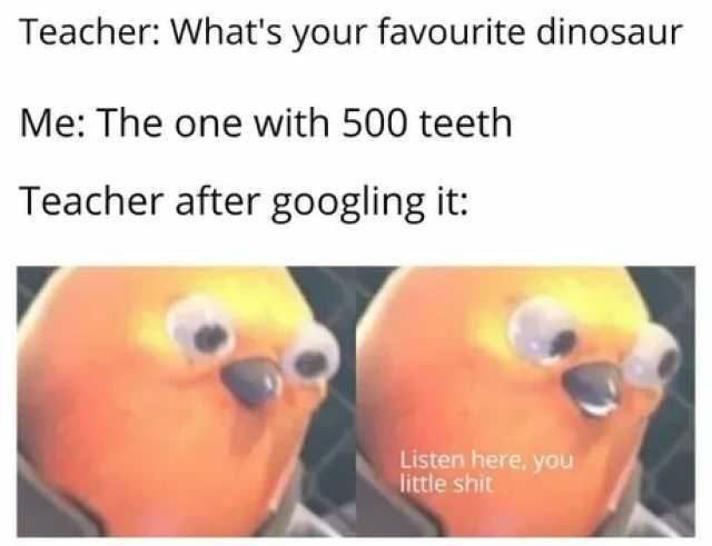 Teacher Whats your favourite dinosaur Me The one with 500 teeth Teacher after googling it Listen here you little shit