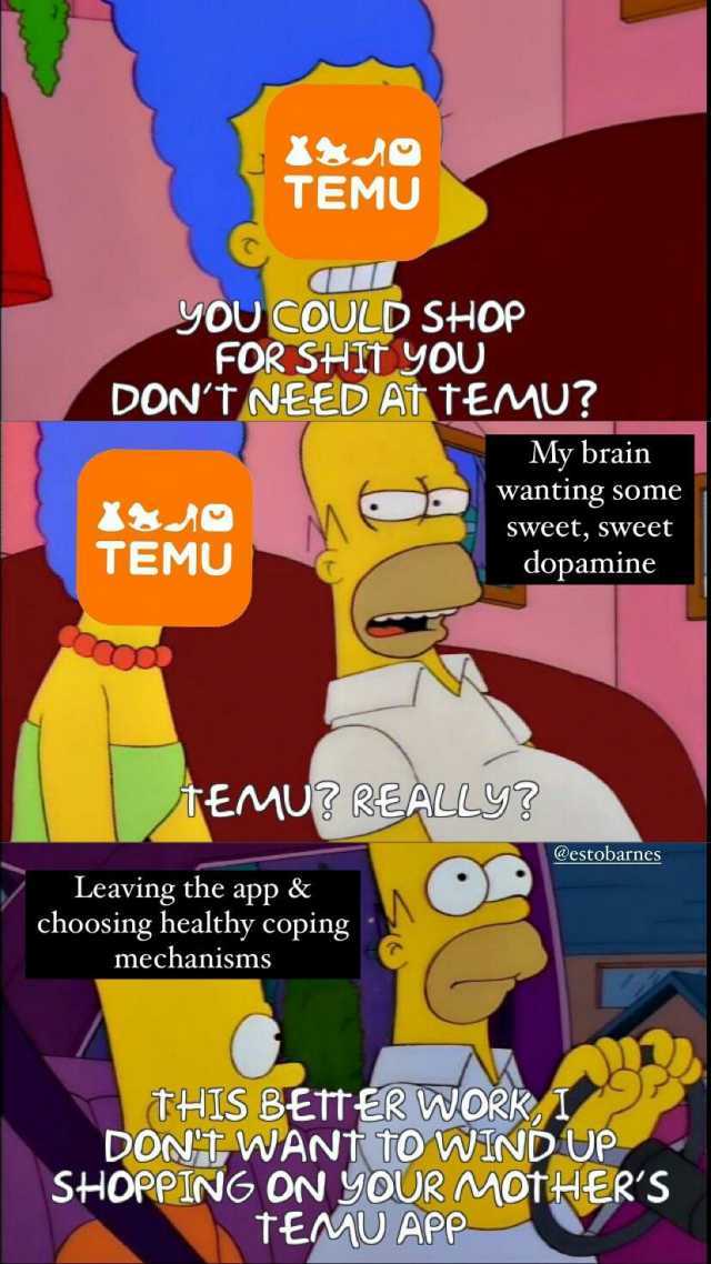 TEMU yOU COULD SHOP FOR SHIT YOU DONT NEED AT tEMU TEMU Leaving the app & choosing healthy coping mechanisms My brain EMU REALLY wanting some Sweet Sweet dopamine tEMU APP @estobarnes tHIS BEtt ER WORk I DONT WNANT TO WiNDUP SHORP