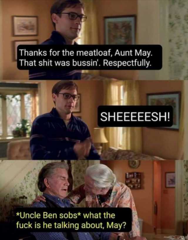 Thanks for the meatloaf Aunt May. That shit was bussin. Respectfully. SHEEEEESH! *Uncle Ben sobs* what the fuck is he talking about May