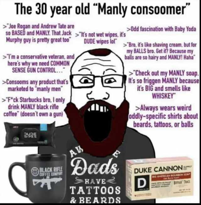 The 30 year old Manly consoomer  Joe Rogan and Andrew Tate are so BASED and MANLY. That Jack ts not wet wipes its Murphy guy is pretty great to0 0dd fascination with Baby Yoda DUDE wipes lol Bro ifs like shaving cream. but for my 