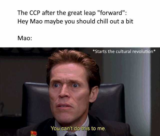 The CCP after the great leap forward Hey Mao maybe you should chill out a bit Mao *Starts the cultural revolution* You cant do this to me.