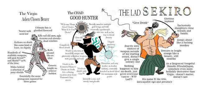 THE LAD S EKIRO The Virgin The CHAD Ashen Chosen Bearer GOOD HUNTER Glorious *Give Drink* topknot Welcome Home Good Hunter. Brutally murders multiple god-bcings and will eventually squidmorph into one well on his Exclusively slaug