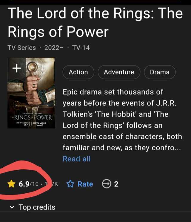 The Lord of the Rings The Rings of Power TV Series 2022- TV-14 Action Adventuree Drama Epic drama set thousands of years before the events of J.R.R. Tolkiens The Hobbit and The RJNGS-PoWER NEW SRIprme wdeo Lord of the Rings follow