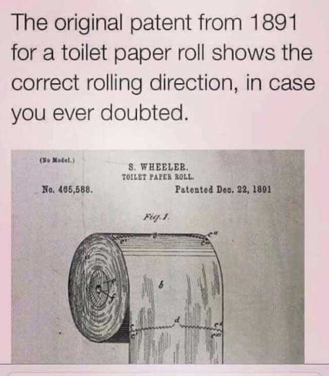 The original patent from 1891 for a toilet paper roll shows the correct rolling direction in case you ever doubted. 3 Model.) S. WHEELER TO1LET PAPES ROLL No. 406588. Patented Deo. 22 1801 Fig1