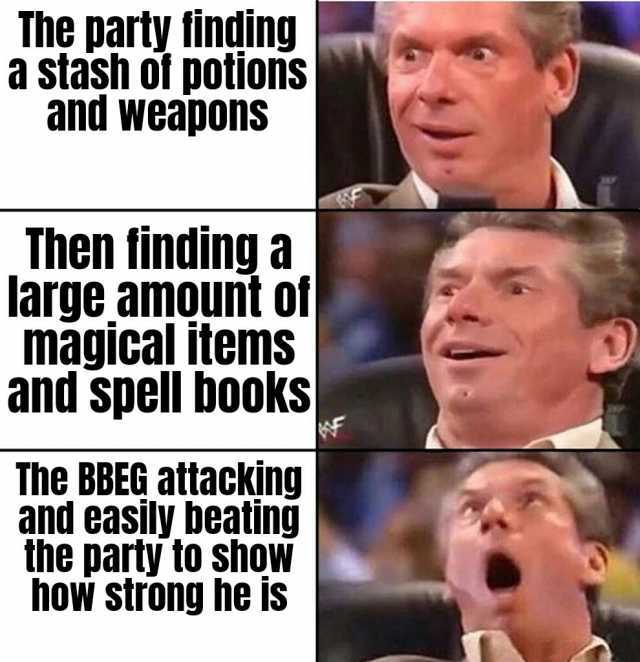 The party finding a stash of potions and weapons Then finding a large amount of magical items and spell books The BBEG attacking and easily beating the party to show how strong he is