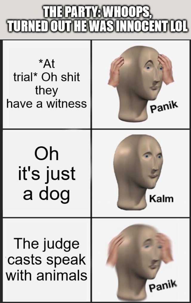 THE PARTYWHOOPS TURNED OUT HE WAS INNOCENT LOL *At trial* Oh shit they have a witness Oh its just a dog The judge casts speak with animals Panik Kalm Panik
