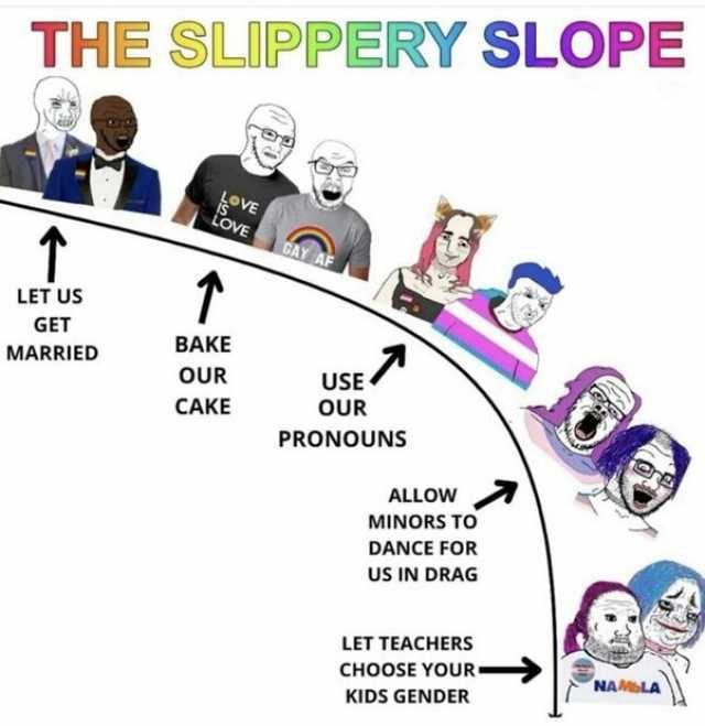 THE SLIPPERY SLOPE LOVE tovE GAY AF LET US GET BAKE MARRIED USE OUR OUR CAKE PRONOUNS ALLOW MINORS TO DANCE FOR US IN DRAG LET TEACHERS CHOOSE YOUR NAMLA KIDS GENDER
