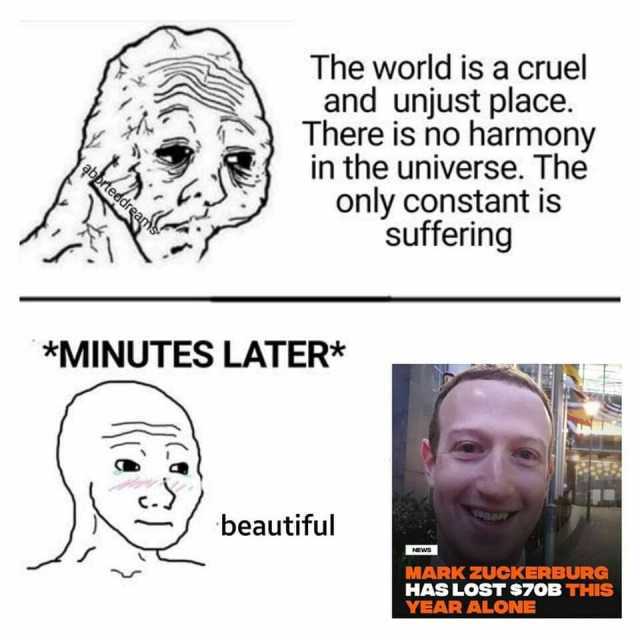 The world is a cruel and unjust place. There is no harmony in the universe. The only constant is suffering abbrteddrgaq MINUTES LATER* beautiful MARK ZUCKERBURG HAS LOST $70B THIS YEAR ALONE