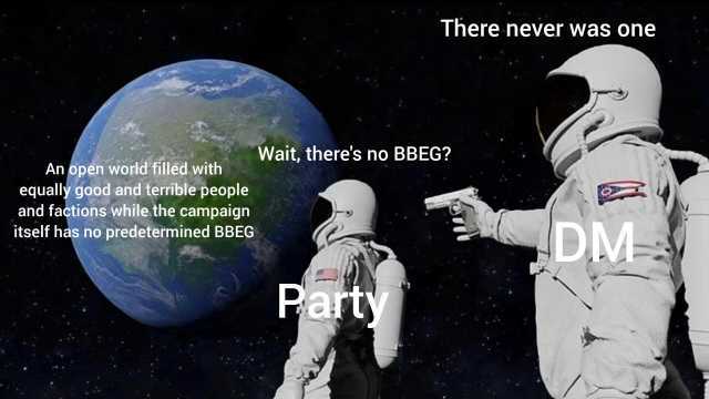 There never was one Wait theres no BBEG An open world filled with equally good and terrible people and factions while the campaign itself has no predetermined BBEG DM Party