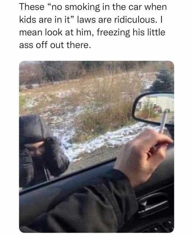 These no smoking in the car when kids are in it laws are ridiculous. I mean look at him freezing his little ass off out there.