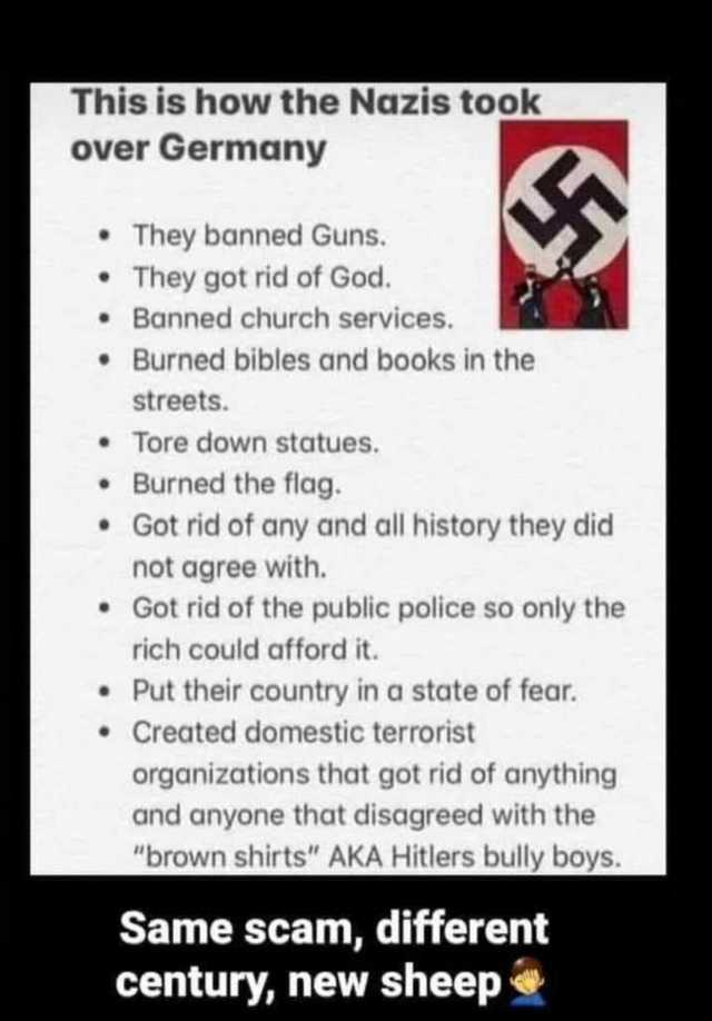 This is how the Nazis took over Germany They banned Guns. They got rid of God. Banned church services. Burned bibles and books in the streets. Tore down statues. Burned the flag. Got rid of any and all history they did not agree w