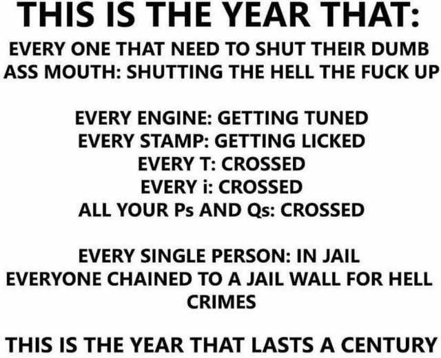 THIS IS THE YEAR THAT EVERY ONE THAT NEED TO SHUT THEIR DUMB ASS MOUTH SHUTTING THE HELL THE FUCK UP EVERY ENGINE GETTING TUNED EVERY STAMP GETTING LICKED EVERY T CROSSED EVERY i CROSSED ALL YOUR Ps AND Qs CROSSED EVERY SINGLE PER