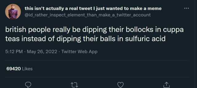 this isnt actually a real tweet I just wanted to make a meme @id rather_inspect_element_than_make_a_twitter_account british people really be dipping their bollocks in cuppa teas instead of dipping their balls in sulfuric acid 512 