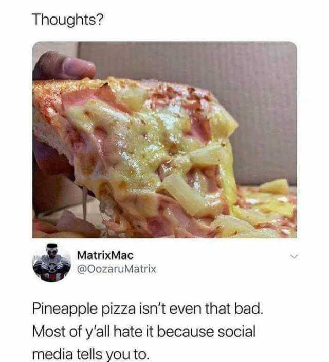 Thoughts? MatrixMac @OozaruMatrix Pineapple pizza isnt even that bad. Most of yall hate it because social media tells you to. 