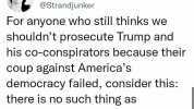 Andrea Junker @Strandjunker For anyone who still thinks we shouldnt prosecute Trump and his co-conspirators because their coup against Americas democracy failed consider this there is no such thing as prosecuting a successful coup