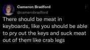 Cameron Bradford @camerobradford There should be meat in keyboards like you should be able to pry out the keys and suck meat out of them like crab legs